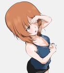  1girl bangs black_shorts blue_tank_top blush boko_dream breasts brown_eyes brown_hair cleavage collar_tug commentary cowboy_shot from_above from_side girls_und_panzer grey_background half-closed_eyes highres looking_to_the_side medium_breasts motion_lines nishizumi_miho open_mouth short_hair short_shorts shorts simple_background solo sportswear steam sweat tank_top translated wiping_sweat 