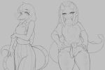  anthro ather_os babs_(gvh) bottomwear braided_hair clothed clothing dinosaur dreadlocks duo female goodbye_volcano_high hair half-closed_eyes horn long_hair long_snout monochrome narrowed_eyes reptile rosemary_(gvh) scalie simple_background skirt snoot_game_(fan_game) snout thick_thighs white_background 