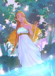  1girl bangs bare_shoulders blonde_hair bracer breasts dress fairy forest gold_necklace green_eyes highres jewelry long_dress long_hair medium_breasts nature necklace parted_bangs parted_lips partially_submerged pointy_ears princess_zelda sharpteething silent_princess solo strapless strapless_dress the_legend_of_zelda the_legend_of_zelda:_breath_of_the_wild thick_eyebrows white_dress 