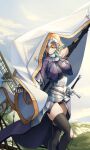  1girl absurdres armor armored_dress banner black_panties black_thighhighs blonde_hair blood blue_hair breasts chain cloud cloudy_sky commission cosplay cy9 day fate/grand_order fate_(series) faulds flag gauntlets gorget gradient_hair headpiece highres holding holding_flag hololive hololive_english jeanne_d&#039;arc_(fate) jeanne_d&#039;arc_(ruler)_(fate) jeanne_d&#039;arc_(ruler)_(fate)_(cosplay) medium_breasts multicolored_hair orange_eyes outdoors panties pixiv_commission plackart scabbard sheath sheathed sky solo standard_bearer standing sword takanashi_kiara thighhighs torn_clothes torn_thighhighs underwear virtual_youtuber weapon windmill 