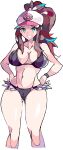  1girl absurdres ass_visible_through_thighs bare_shoulders baseball_cap big_hair bikini black_bikini breasts brown_hair cleavage collarbone enpe green_eyes hands_on_hips hat highres hilda_(pokemon) large_breasts long_hair looking_at_viewer navel parted_lips pokemon pokemon_(game) pokemon_bw ponytail sidelocks smile solo swimsuit teeth thick_thighs thighs very_long_hair white_background wristband 