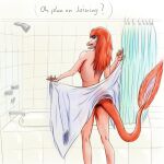  anthro crossgender dinosaur dromaeosaurid english_text female goodbye_volcano_high hair long_hair looking_at_viewer looking_back nude pink_body purple_eyes reed_(gvh) reptile scalie shower shower_head snoot_game_(fan_game) solo text theropod towel towel_only unknown_artist velociraptor 