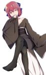  1girl absurdres azami_masurao bangs black_kimono black_thighhighs blue_bow blush bow breasts cleavage covering_mouth crossed_legs hair_between_eyes hair_bow hand_over_own_mouth highres japanese_clothes kimono kohaku_(tsukihime) long_sleeves looking_at_viewer medium_hair melty_blood obi off_shoulder pinching_sleeves red_hair sash short_hair simple_background sitting solo thighhighs tsukihime white_background wide_sleeves 
