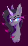  2018 black_hair blue_eyes bust_portrait curved_horn dark_magic equid equine eyelashes female feral fur grey_body grey_fur hair hi_res highlights_(coloring) horn mammal oleander_(tfh) pink_highlights portrait purple_background simple_background smile solo them&#039;s_fightin&#039;_herds unicorn yomitai 