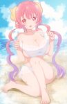  1girl absurdres barefoot beach bikini blue_sky breasts cleavage cloud cloudy_sky dragon_girl dragon_horns full_body gradient_hair hands_up highres horizon horns hotori_chamura ilulu_(maidragon) kobayashi-san_chi_no_maidragon large_breasts long_hair looking_at_viewer multicolored_hair pink_eyes pink_hair pointy_ears purple_hair shadow sitting sky solo swimsuit very_long_hair water white_bikini 