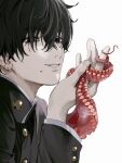  1boy bangs black_hair chainsaw_man ear_piercing gakuran giganticbuddha hair_over_eyes highres looking_at_viewer mole mole_under_mouth multiple_piercings octopus_devil_(chainsaw_man) piercing school_uniform short_hair sideways_glance simple_background smile solo tentacles white_background yoshida_hirofumi 