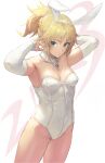  1girl bangs bare_shoulders blonde_hair braid breasts fate/apocrypha fate_(series) french_braid green_eyes highres long_hair looking_at_viewer mordred_(fate) mordred_(fate/apocrypha) otsukemono parted_bangs playboy_bunny ponytail sidelocks small_breasts solo 
