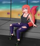  absurd_res anthro bottomwear breasts cleavage clothed clothing crossgender dinosaur dromaeosaurid english_text female goodbye_volcano_high hair hi_res long_hair looking_at_viewer pants pink_body pink_hair purple_eyes reed_(gvh) reptile scalie side_boob sidewalk sitting snoot_game_(fan_game) solo text theropod torn_bottomwear torn_clothing torn_pants unknown_artist velociraptor 