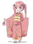  1girl :d bangs blush_stickers brown_footwear commentary_request fang full_body furisode hair_ornament highres holding japanese_clothes kapuru_0410 kimono long_hair long_sleeves looking_at_viewer obi pinching_sleeves pink_hair pink_kimono purple_eyes sash sleeves_past_wrists smile socks solo standing tabi tanemura_koyori twintails watashi_ni_tenshi_ga_maiorita! white_background white_socks wide_sleeves x_hair_ornament zouri 