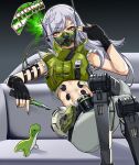  1girl abs absurdres apex_legends balisong bangs black_gloves black_shirt butterfly_knife_(apex_legends) couch cropped_shirt cropped_vest crossed_legs finger_gun finger_gun_to_head fingerless_gloves genderswap genderswap_(mtf) gloves green_eyes green_nails green_vest grey_hair grey_shorts head_tilt highres knife long_hair mask mechanical_legs midriff mouth_mask navel nessie_(respawn) octane_(apex_legends) shirt shorts sitting solo stuffed_toy vest yiran 