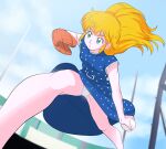  1girl baseball baseball_mitt blonde_hair breasts character_request cloud dress haruyama_kazunori lips long_hair panties retro_artstyle solo underwear white_panties 