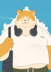  2023 anthro canid canine canis clothing domestic_dog eyes_closed haoming headphones headphones_around_neck hi_res humanoid_hands kemono male mammal overweight overweight_male shirt solo tongue tongue_out topwear 