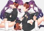  1boy 1girl bangs bed bed_sheet belt blush bottomless breasts carrot_(robosquat) censored clothed_sex colorized cowgirl_position fern_(sousou_no_frieren) french_kiss holding_another&#039;s_thighs holding_hands kiss large_breasts looking_down looking_up lying on_back pillow purple_eyes purple_hair red_hair saliva saliva_trail sex shoes simple_background sitting sousou_no_frieren stark_(sousou_no_frieren) straddling tears thighhighs tongue tongue_out white_background 