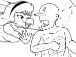  accessory anon anthro arsenic_iii bald crossgender dinosaur dromaeosaurid duo female goodbye_volcano_high hair hair_accessory human humor long_hair male mammal monochrome motion_blur motion_lines pounce reed_(gvh) reptile scalie showering sketch snoot_game_(fan_game) theropod velociraptor 