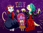  absurd_res agamid alcohol anthro arachnid arthropod bearded_dragon beer beverage beverage_can didelphid female fireworks goth gothic_lolita group hi_res holidays jdanieloart joy_(jdanieloart) katil_(jdanieloart) lizard lolita_(fashion) looking_at_viewer mammal marsupial new_year preludio_(jdanieloart) reptile scalie spider trio 