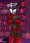  1:1 angel black_body breasts clothed clothing cross exorcist_(hazbin_hotel) female glowing glowing_eyes halo hazbin_hotel hi_res horn humanoid lute_(hazbin_hotel) metalbelphegor open_mouth open_smile partially_clothed smile solo standing 