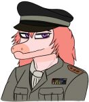  anthro clothed clothing crossgender dinosaur dromaeosaurid female goodbye_volcano_high hair half-closed_eyes hat headgear headshot_portrait headwear long_hair looking_at_viewer military military_cap military_uniform narrowed_eyes pink_body pink_hair portrait purple_eyes reed_(gvh) reptile scalie simple_background snoot_game_(fan_game) solo theropod uniform unknown_artist velociraptor white_background 