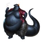  2022 anthro barefoot belly big_belly black_body black_skin bottomwear cettus cigarette clothed clothing dragon feet fritjof hand_on_hip hi_res holding_object male moobs morbidly_obese morbidly_obese_anthro morbidly_obese_male obese obese_anthro obese_male open_clothing open_topwear orange_eyes overweight overweight_anthro overweight_male pants shirt simple_background smoking solo standing topwear white_background 