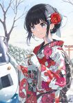  1girl bare_tree black_hair blue_sky bucket bullet closed_mouth cloud cloudy_sky commentary floral_print flower gloves grey_eyes hair_flower hair_ornament hairclip highres holding holding_bullet japanese_clothes junshiki kimono long_sleeves looking_at_viewer magazine_(weapon) obi original outdoors print_kimono red_flower red_kimono sash sidelocks signature sky smile snow snowing snowman solo symbol-only_commentary torii tree white_gloves wide_sleeves 