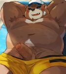  2023 anthro armpit_hair balls bear belly big_belly blush body_hair clothed clothing erection genitals hat headgear headwear hi_res kemono lying male mammal moobs navel nipples overweight overweight_male partially_clothed penis pubes solo underwear underwear_down yogret_kai 