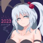  1girl animal_ears bare_shoulders black_leotard breasts fake_animal_ears grey_hair hair_bobbles hair_ornament large_breasts leotard long_hair looking_at_viewer new_year nukekip pixel_art playboy_bunny playboy_bunny_swimsuit rabbit_ears shinki_(touhou) smile solo touhou touhou_(pc-98) 