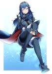  1girl ameno_(a_meno0) armor bangs blue_cape blue_eyes blue_footwear blue_gloves blue_hair cape closed_mouth fingerless_gloves fire_emblem fire_emblem_awakening gloves hair_between_eyes invisible_chair lips long_hair long_sleeves looking_at_viewer lucina_(fire_emblem) pink_lips red_cape shoes shoulder_armor sitting smile solo tiara two-tone_cape 