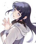  1girl bangs black_hair blunt_bangs grey_eyes grey_sleeves headband_around_neck highres hime_cut hooded_cardigan hyuuga_hinata long_hair long_sleeves looking_at_viewer naruto_(series) naruto_shippuuden open_mouth own_hands_together petals simple_background smile solo straight_hair upper_body usao_(313131) very_long_hair white_background 