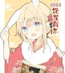  1girl 2023 :d animal_ears bangs blonde_hair blue_eyes blush chinese_zodiac commentary_request ear_grab egasumi fur_collar hair_between_eyes hair_ornament hairclip japanese_clothes kimono long_sleeves looking_at_viewer obi original pinching_sleeves rabbit_ears red_kimono sash sleeves_past_wrists smile solo translation_request two-tone_background upper_body white_background wide_sleeves year_of_the_rabbit yellow_background yuizaki_kazuya 