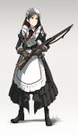  1girl apron asterisk_kome black_hair boots gloves green_eyes gun highres holding holding_gun holding_weapon holstered_weapon long_hair maid maid_apron martini-henry medal original rifle solo sword twitter_username weapon white_background 