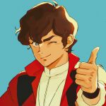  1boy absurdres ahoge blue_background brown_hair green_eyes gundam gundam_zz hair_between_eyes highres jacket judau_ashta looking_at_viewer miromari one_eye_closed portrait simple_background smile solo thumbs_up wristband 