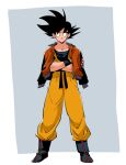  1boy ankle_boots black_eyes black_footwear black_hair black_sash black_wristband boots border crossed_arms dougi dragon_ball dragon_ball_z full_body grey_background grin hair_strand highres jacket jacket_on_shoulders kz_(dbz_kz) legs_apart looking_at_viewer male_focus obi open_clothes open_jacket orange_jacket orange_pants pants pectorals sash shade simple_background smile son_goku spiked_hair standing undershirt white_border wristband zipper 