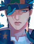  1boy 486_pi black_hair blue_butterfly blue_eyes bug butterfly close-up coat hat highres jojo_no_kimyou_na_bouken kujo_jotaro long_eyelashes looking_at_viewer scar scar_on_face solo stone_ocean 