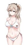  1girl aged_up animal_print armorganger arms_behind_back bangs bear_print bikini black_ribbon boko_(girls_und_panzer) breasts brown_eyes cleavage closed_mouth commentary cowboy_shot front-tie_bikini_top front-tie_top frown girls_und_panzer groin hair_ribbon halterneck highres large_breasts light_brown_hair long_hair looking_at_viewer navel one_side_up print_bikini ribbon shimada_arisu side-tie_bikini_bottom simple_background solo standing sweatdrop swimsuit white_background 
