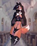  2022 absurd_res anthro belly black_hair blush bulge canid canine church cleavage_cutout clothing collar crop_top cross cuff_(restraint) detailed_background digital_media_(artwork) girly hair hands_together hi_res legwear long_sleeves male mammal maned_wolf manedpizzawolf navel nervous nipples nun_outfit restraints shirt solo thick_thighs thigh_highs topwear underwear white_eyes 