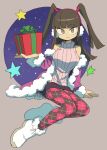  1girl argyle argyle_legwear argyle_pantyhose boots box breasts brown_eyes brown_hair christmas closed_mouth earmuffs full_body fur-trimmed_boots fur_trim gift gift_box highres holding large_breasts long_hair long_sleeves looking_at_viewer mizuno_(okn66) original pantyhose ribbed_sweater sitting skirt sleeveless sleeveless_sweater solo star_(symbol) sweater turtleneck turtleneck_sweater white_footwear 