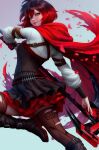  1girl black_footwear cape highres holding holding_scythe holding_weapon long_sleeves looking_at_viewer multicolored_hair petals realistic red_cape rose_petals ruby_rose rwby scythe short_hair smile stanley_lau thighhighs torn_clothes torn_thighhighs two-tone_hair weapon 