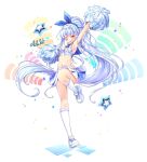  1girl ;d arm_up armpits bare_arms bare_shoulders blue_archive blue_hair breasts cheerleader cosplay crop_top erhwarue full_body hair_ribbon hibiki_(blue_archive) hibiki_(blue_archive)_(cosplay) hibiki_(cheerleader)_(blue_archive) holding holding_pom_poms leg_up long_hair looking_at_viewer midriff miniskirt navel one_eye_closed open_mouth pleated_skirt pom_pom_(cheerleading) ponytail ribbon shirt shoes skirt sleeveless sleeveless_shirt small_breasts smile sneakers socks solo stomach sung-eun_(unleashed) sweat thighs unleashed very_long_hair white_footwear white_shirt white_skirt white_socks yellow_eyes 