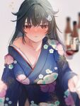  1girl black_hair blue_kimono blurry bottle breasts cowboy_shot depth_of_field drunk floral_print hair_flaps hair_ornament hairclip highres japanese_clothes jingei_(kancolle) kantai_collection kimono large_breasts long_hair looking_at_viewer official_alternate_costume ranran_3939 red_eyes sake_bottle solo 