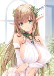  1girl arm_under_breasts bangs bare_shoulders blonde_hair bracelet breasts commentary_request covered_nipples detached_sleeves dress elf flower green_eyes grin hair_flower hair_ornament jewelry kirishima_satoshi large_breasts long_hair long_sleeves looking_at_viewer navel original paid_reward_available pointy_ears smile solo upper_body very_long_hair white_dress 