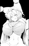  1girl bangs blush bra breasts cleavage closed_mouth clothes_lift commentary frilled_bra frills hat highres huge_breasts lifted_by_self mizuga monochrome navel pillow_hat short_hair simple_background solo stomach sweatdrop symbol-only_commentary touhou underwear yakumo_ran 