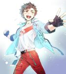  1boy bangs belt black_gloves black_hair clenched_hand dog_tags ensemble_stars! fingerless_gloves gloves highres jacket jewelry male_focus microphone multicolored_hair nagumo_tetora namo necklace open_clothes open_jacket open_mouth red_hair shirt short_hair simple_background sleeves_rolled_up solo streaked_hair white_shirt yellow_eyes 