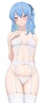  1girl absurdres blue_eyes blue_hair blush bra breasts choker collarbone earrings garter_belt hair_ribbon hand_up highres hololive hoshimachi_suisei jewelry lingerie long_hair one_side_up panties parted_lips ribbon ring simple_background small_breasts solo star_(symbol) star_in_eye symbol_in_eye thighhighs underwear underwear_only virtual_youtuber white_background white_bra white_choker white_garter_belt white_panties white_thighhighs yihsien 