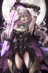  1girl absurdres armored_leotard ass_visible_through_thighs breasts brooch cape cleavage corrin_(fire_emblem) corrin_(fire_emblem)_(female) elbow_gloves fire_emblem fire_emblem_fates full_moon furrowed_brow gloves hairband highres jewelry long_hair looking_at_viewer magic moon pointy_ears purple_cape red_eyes shouting sobasakuhin white_hair yato_(fire_emblem) 