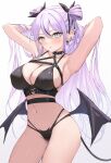  1girl aqua_eyes armpits arms_behind_head arms_up belt bikini black_belt black_bikini black_choker black_hair black_ribbon black_tail black_wings breasts chest_harness choker cleavage contrapposto cowboy_shot demon_girl demon_wings ear_piercing earclip earrings hair_ribbon halterneck hand_in_own_hair hands_in_hair harness heart highleg highleg_bikini highres jewelry kurokin long_hair looking_at_viewer low_wings multi-strapped_bikini multicolored_hair multiple_piercings navel original panties parted_lips piercing pointy_ears ribbon simple_background solo stomach streaked_hair swimsuit tail thighs two-tone_hair underwear very_long_hair white_background white_hair wings 