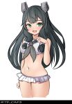  1girl absurdres alternate_costume bikini bikini_skirt black_hair black_neckerchief black_sailor_collar commentary_request cowboy_shot cropped_legs green_eyes hair_ribbon headgear highres i-47_(kancolle) kantai_collection long_hair low-tied_long_hair neckerchief one-hour_drawing_challenge paw_pose ribbon sailor_bikini sailor_collar sidelocks simple_background solo standing swimsuit tf_cafe tress_ribbon white_background white_bikini 