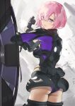  1girl armor ass bangs english_text fadingz fate/grand_order fate_(series) gloves hair_over_one_eye highres looking_at_viewer looking_back mash_kyrielight open_mouth parted_lips pink_hair pixiv_id purple_eyes short_hair signature 