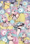  1girl bangs bare_shoulders blue_hair blush bow-shaped_hair breasts character_hair_ornament closed_eyes grin hair_ornament highres inaeda_kei iono_(pokemon) jacket light_blue_hair long_hair long_sleeves looking_at_viewer low_twintails magnemite medium_breasts multicolored_hair multiple_views one_eye_closed open_mouth pikachu pink_hair pokemon pokemon_(game) pokemon_sv purple_eyes sharp_teeth sleeves_past_fingers sleeves_past_wrists smile split-color_hair tearing_up teeth twintails yellow_jacket 