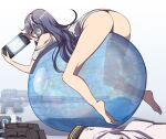  1girl ass ball bare_legs barefoot black_hair black_panties closed_mouth clothing_cutout coat coat_removed commentary exercise_ball exia_(nikke) from_behind frown full_body goddess_of_victory:_nikke gradient gradient_background grey_background gun handheld_game_console headphones holding holding_handheld_game_console long_hair lying on_ball on_stomach panties playing_games purple_eyes rifle shirt shoulder_cutout simple_background sniper_rifle soles solo syope thighs thong underwear wavy_mouth weapon white_shirt 