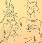  anthro antlers beastars blush bodily_fluids breath canid canine canis clothed clothing deer duo fist fist_bump fully_clothed gesture hand_on_head horn legoshi_(beastars) louis_(beastars) male male/male mammal relieved sigh sweat waiting wolf wuffinarts 