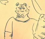  annoyed annoyed_expression anthro beastars bill_(beastars) bodily_fluids clothed clothing curtains ellipsis felid frown fully_clothed male mammal pantherine solo sweat tiger wuffinarts 
